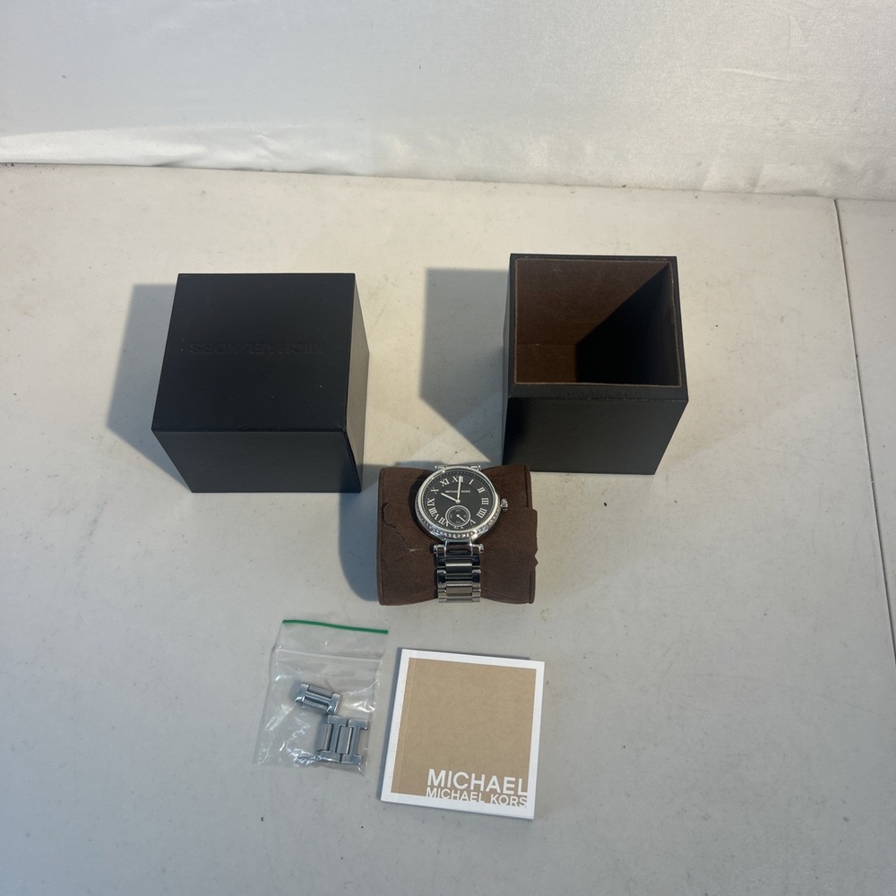 Michael Kors Skylar MK6053 Silver Stainless Watch Black Dial w/ Box Manual Links